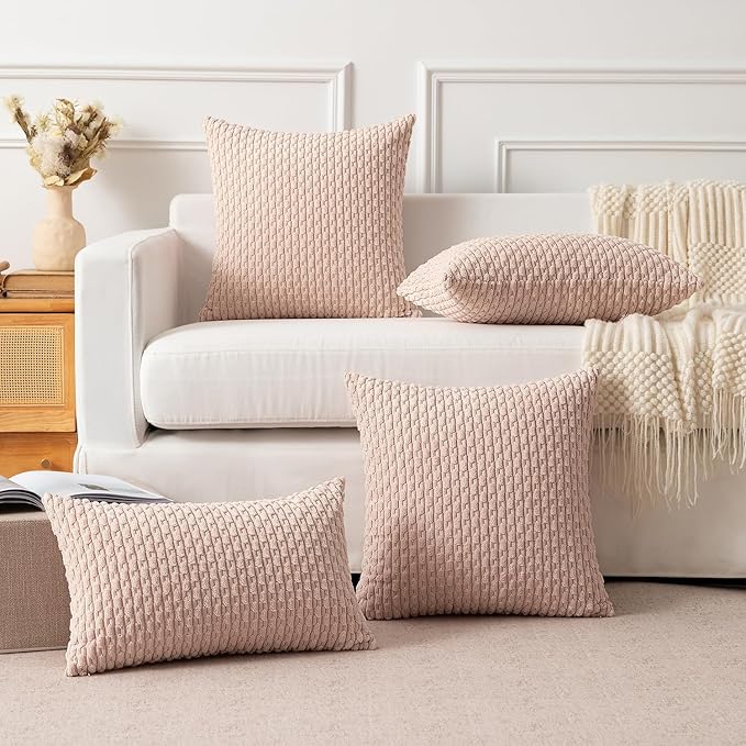 Kevin Textile Valentines Day 14x24 Inch Pillow Cover 1 Pack Boho Decorative Soft Striped Corduroy Lumbar Farmhouse Accent Rectangle Cushion Case for Living Room Couch Sofa Bed, Light Pink