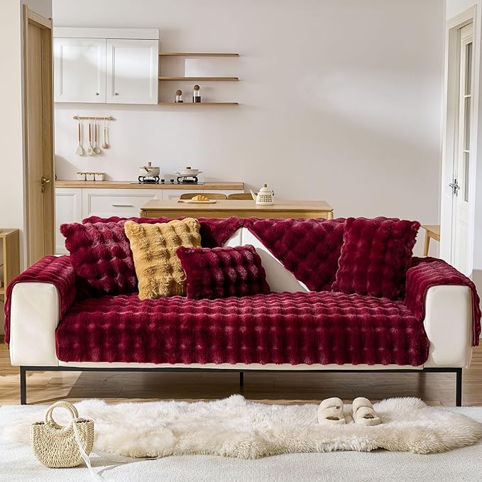 Christmas Faux Fur Decorative Throw Pillow Cover Plush Thick Bubble Pillow Covers Luxury Soft Cozy Accent Pillowcase for Spring Sofa Living Room Couch Bed (Wine Red,18"x18")