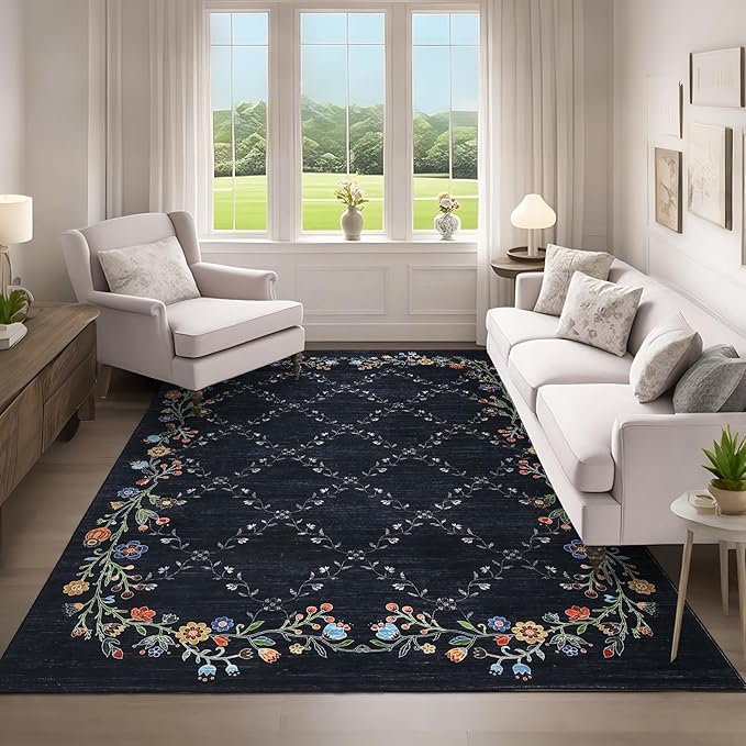 GarveeHome 8x10 Washable Floral Area Rugs for Living Room: Modern Floral Non Slip Large Area Rugs for Bedroom, Large Machine Washable Living Room Low Pile Carpet with Non-Slip Backing Black 8'x10'.