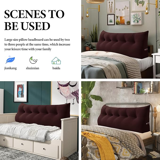 Bed Wedge Headboard Pillow - College Dorm Reading Pillow Back Support While Sitting in Bed - Ergonomic Lumbar Pillow Body Positioning Bed Pillow - Velvet Maroon 76IN