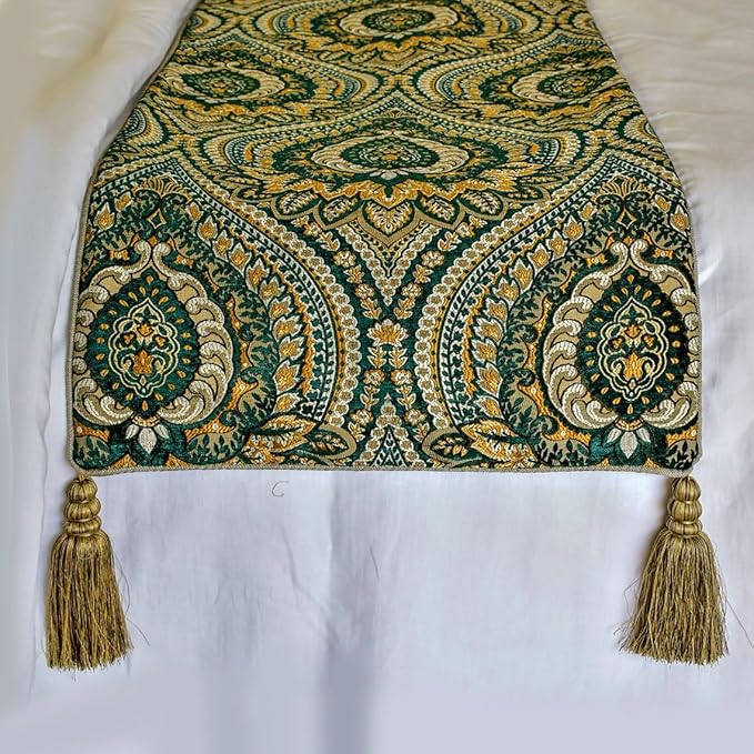 The HomeCentric King/Queen/Twin Green Luxury Twin 53"x18" Bed Runner with One Pillow Cover, Damask, Tassels & Tapestry Bed Scarf on Jacquard Fabric - Damask Tapestry