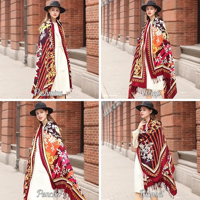 DANA XU 100% Merino Wool Pashmina Shawl for Women 96"x43", Oversized Cashmere Wrap with Tassels, Floral Travel Blanket Cape