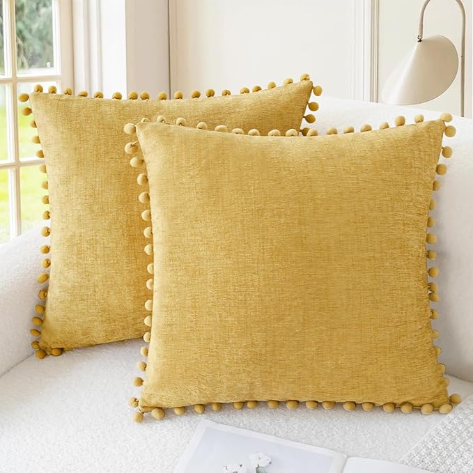 CaliTime Throw Pillow Covers Decorative 22 X 22 Inches Pack of 2 Cozy Solid Dyed Soft Chenille Cushion Cases with Pom Poms for Couch Sofa Bed Living Room Home Gold