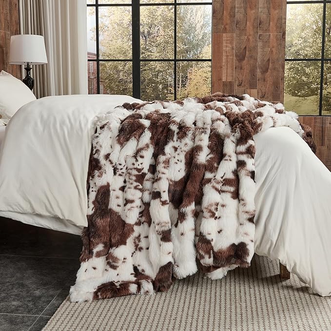 Lotus Karen Faux Fur Throw Blanket Cow Print-Dark Brown, Fluffy Fuzzy Plush Bubble Blanket for Couch, 60x50 Inches Cozy Shaggy Rabbit Blanket, Luxury Decorative Gifts for Sofa Bedroom Living Room.