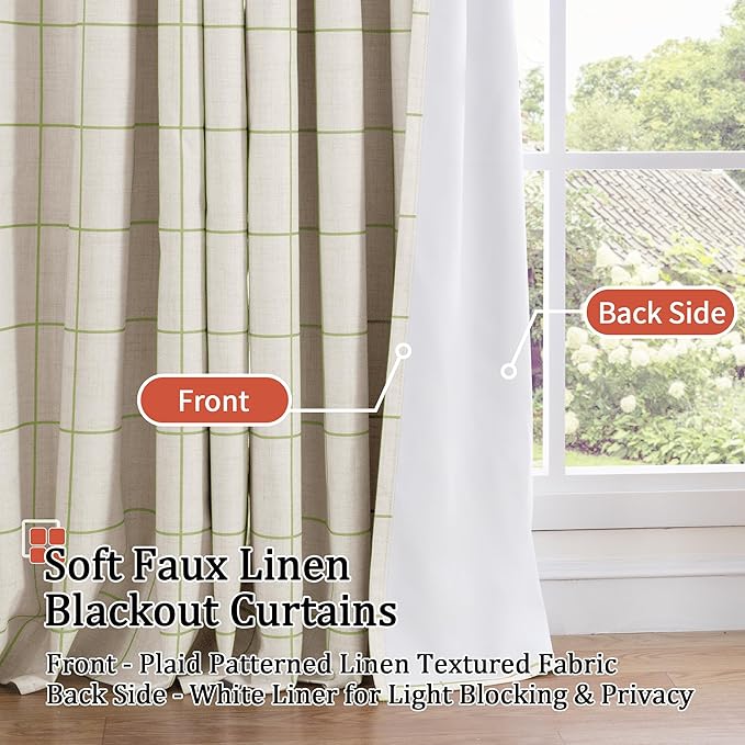 Sage Green Linen Blackout Curtains for Living Room - Boho Plaid Pattern Thermal Insulated Grommet Cottage Core Window Treatments Rustic Drapes for Farmhouse, 52x84 Inch 2 Panels