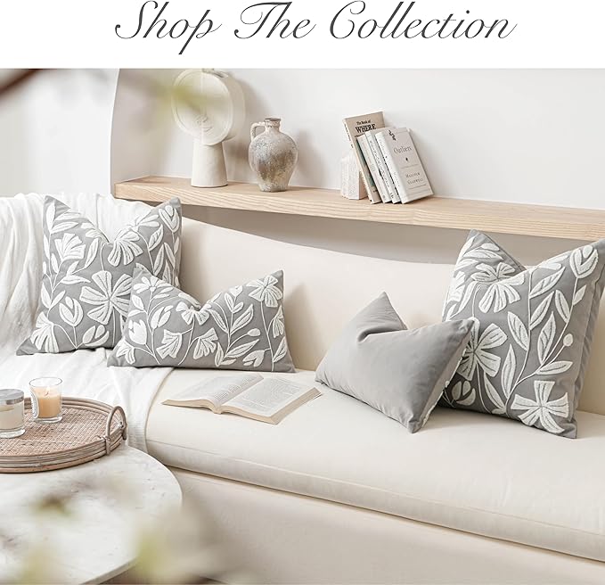 BlissBlush Grey Velvet Decorative Lumbar Throw Pillow Cover 12X20, Light Gray Floral Tufted Soft Farmhouse Textured Pillowcase, Accent Pillowcase for Couch Sofa Bed Living Room