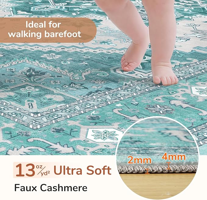 OPPODREAM Thin 6x9 Area Rugs, Washable Rug 6x9 with Non Slip Backing, Faux Cashmere Low-Pile 6 x 9 Carpet, Teal & Turquoise & Cream