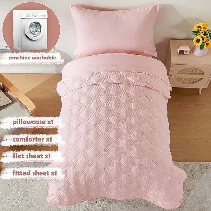 4 Piece Toddler Bedding Set for Girls Pink Geometric Stitched Soft Microfiber Crib Bed Sheets Set Lightweight Quilted Comforter Set for Baby | Include Comforter, Flat Sheet, Fitted Sheet, Pillowcase