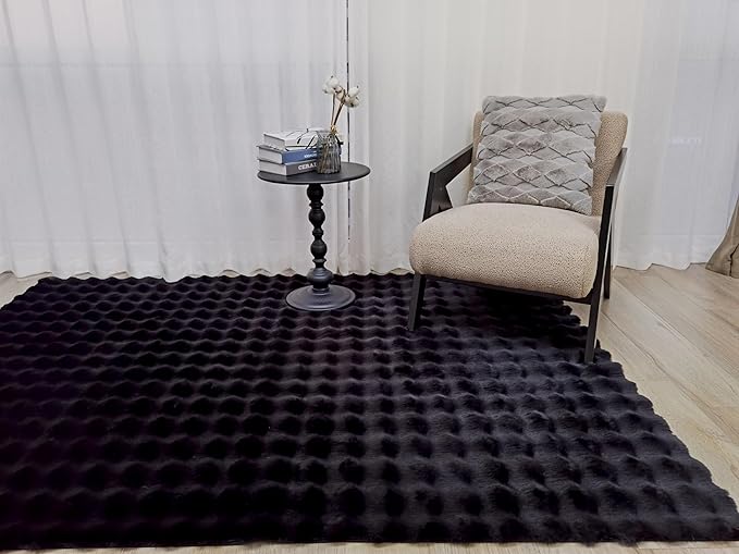 GLORY RUGS Area Rugs Bubble Soft Faux Rabbit Fur Rug 8x10 Polar Black Plush Carpet Shag Cozy Fluffy Rug Non Slip Rugs, Machine Washable Shaggy Area Rug Bedroom Living Room and Dining Room.