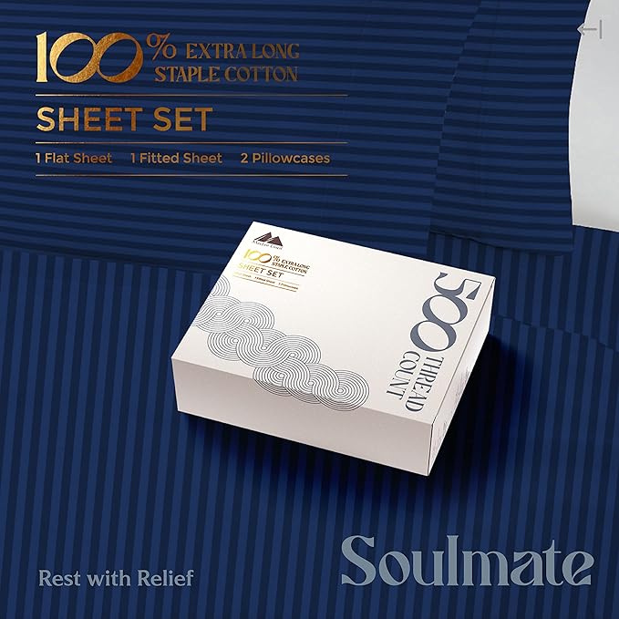 Mayfair Linen 100% Cotton Striped Sheets California King Size Bed Set - 500 Thread Count Damask Sheets Cal King Size 4 PC Set (Navy Blue Stripe), Soft, Cooling, Sateen Weave 16" Deep Pocket Bedsheet