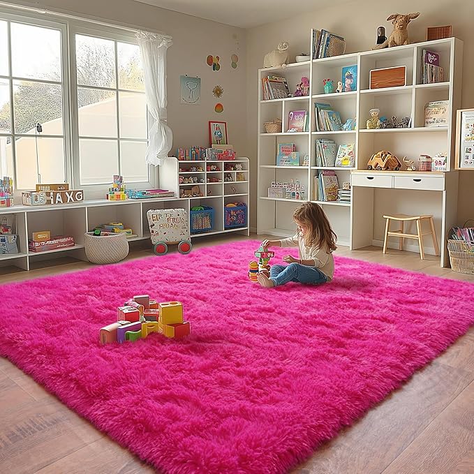 Large Fuzzy Rug 8x10 Feet Hot Pink Fluffy Rug for Living Room, Big Plush Non-Skid Shag Carpet, Soft Shaggy Rugs for Bedroom Indoor Modern Home Decor