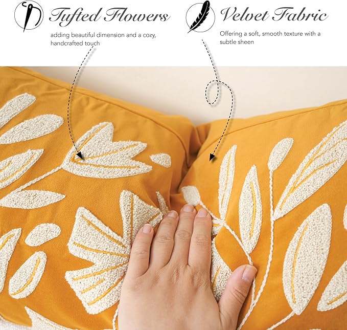 BlissBlush Fall Throw Pillow Cover 20x20, Yellow Mustard Soft Velvet Floral Decorative Accent Throw Pillowcase, Tufted Farmhouse Textured Pillowcase for Couch Sofa Bed Living Room Home Décor