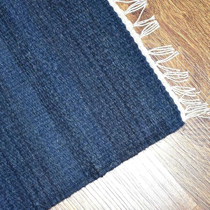 Rugsotic Carpets Hand Woven Flat Weave Kilim Wool ECO-Friendly Area Rugs - 9'x12', Rectangle Shape, Blue Color, Solid Plain Design, Low Pile Handmade Area Rugs for Living Room, Bed Room (D00111)