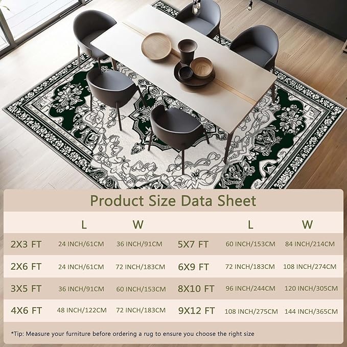 4x6 Traditional Oriental Area Rug Black White Dark Green Rug Non Slip Low Pile Large Carpet for Home Kitchen Living Room Bedroom Dining Room Office