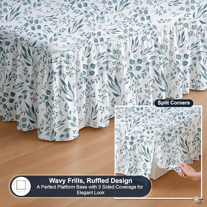 Cottington Lane Ruffled Bed Skirt Queen Size with Split Corner, Brushed Microfiber Hotel Quality Dust Ruffle, 21" Drop Gathered Bedskirt, Soft, Stylish, Shrink & Fade Resistant, Tranquil Green Petals