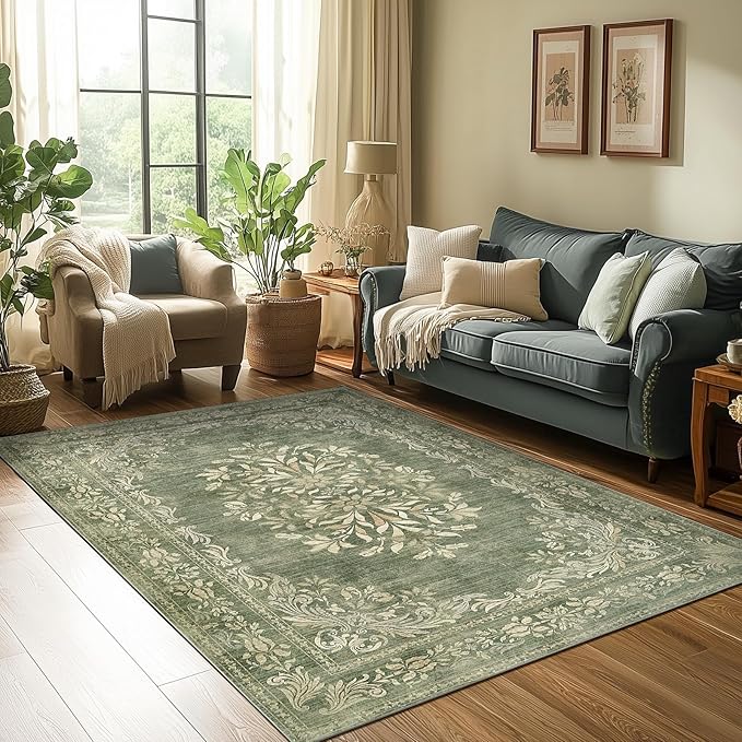 jinchan Green 4x6 Area Rug Vintage Floral Design - Machine Washable Distressed Soft Ultra-Thin Low-Pile Non-Slip Christmas Carpet for Entryway Kitchen Bedroom Nursery Living Dining Room (4x6ft, Green)