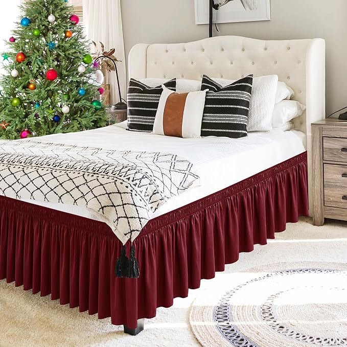 Biscaynebay Wrap Around Bed Skirts for King & Cal King Beds 15" Drop, Burgundy Adjustable Elastic Dust Ruffles Easy Fit Wrinkle & Fade Resistant Silky Luxurious Fabric Machine Washable