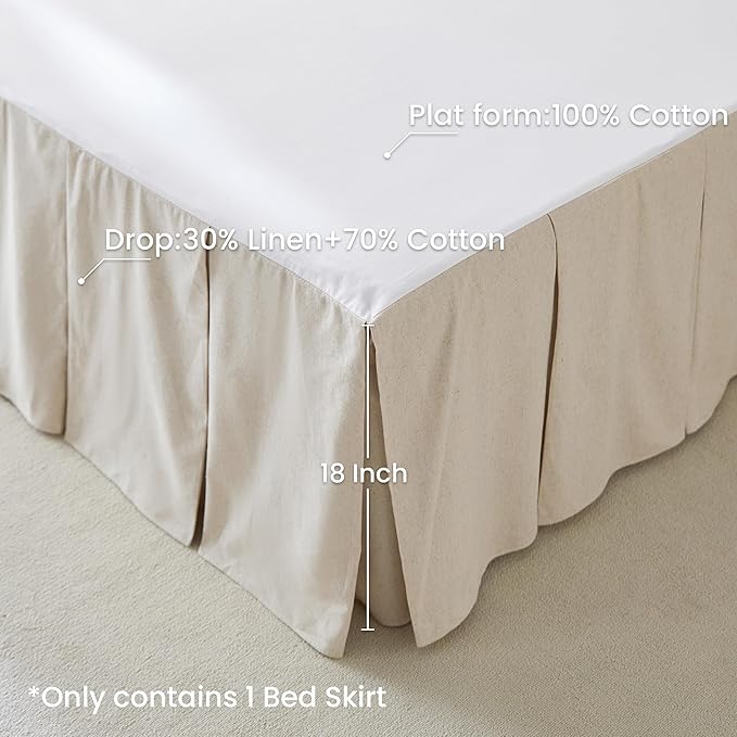 BISELINA French Linen Pleated Bed Skirt, 18" Tailored Draped Natural Linen-Cotton Blend Basic Dust Border Soft Comfort Farmhouse Bedding (18" Queen, Linen)