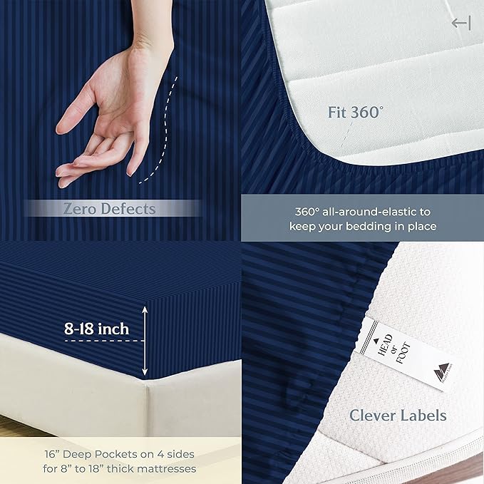 Mayfair Linen 100% Cotton Striped Sheets California King Size Bed Set - 500 Thread Count Damask Sheets Cal King Size 4 PC Set (Navy Blue Stripe), Soft, Cooling, Sateen Weave 16" Deep Pocket Bedsheet