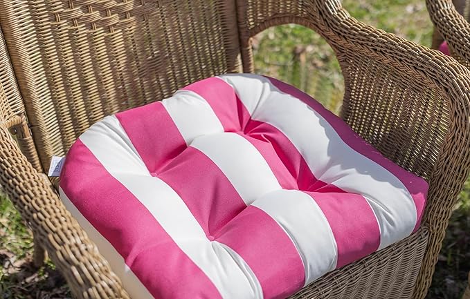 RSH DECOR: Tufted U-Shape Wicker Seat Cushions Set of 2 | 19” x 19” | All-Weather Spun Fabric | Water-Resistant | Outdoor Chair Cushions for Patio Furniture | Classic Pink Stripe