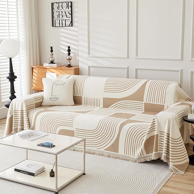 Boho Couch Cover Sofa Covers Washable, Chenille Couch Covers for 3 Cushion Couch Sofa Pet Friendly, Bohemian Sofa Slipcovers for Sectional Sofa, Loveseat, 2 3 4 Seater (91" x 134", Khaki)
