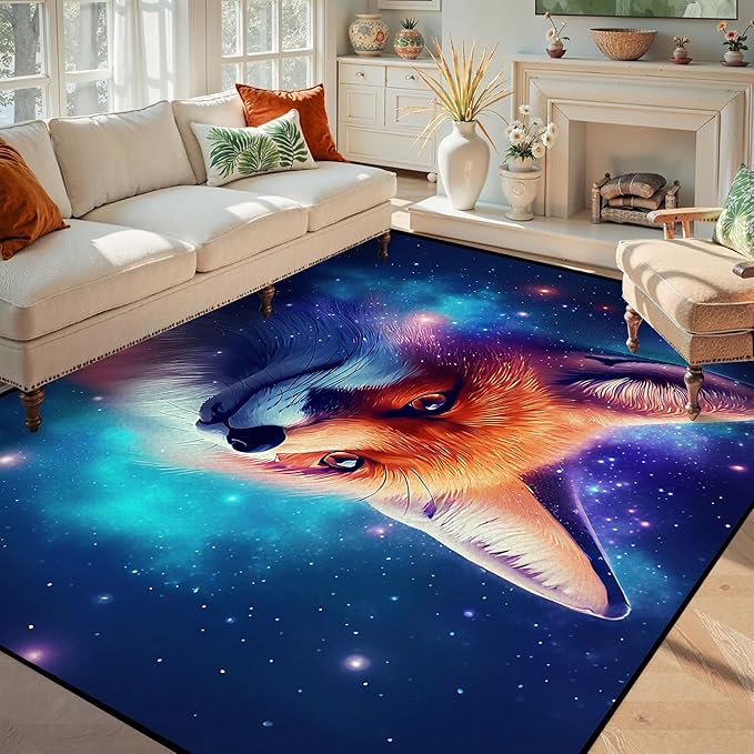 6' x 9' Galaxy Fox Rug Large 3D Cute Foxes Space Area Rugs for Bedroom Living Room Playroom Boys Kids Cartoon Colorful Carpet Glitter Stars Throw Rugs Floor Mat,180 X 275cm