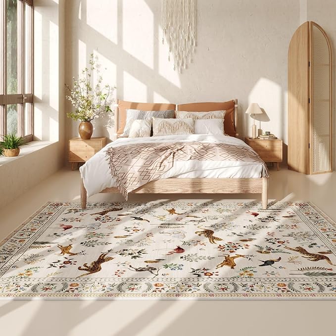 Rugcomf Living Room Rug 6x9 Rug Machine Washable Boho Area Rug Non Slip Floral Animal Vintage Low Pile Large Rug for Living Room, Bedroom, Farmhouse, Dining Room, Kids Playroom (Beige)