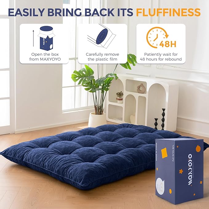 MAXYOYO Japanese Floor Mattress Full Size, 6" Foldable Futon Mattress Tufted Roll Up Floor Bed, Thick Chenille Tatami Mat Sleeping Pad for Camping Guest Room Dormitory Bedroom RV, Navy