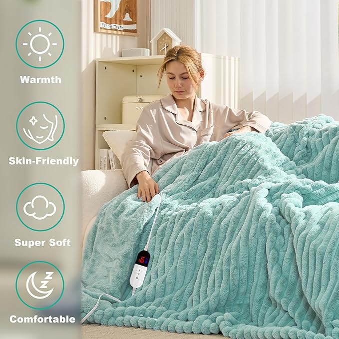 Heated Electric Blanket Throw, 6-Level Fast Heating, 4-Hour Auto-Off, Soft&Warm Stripe Faux Rabbit Fur, for Couch Home Office, with Overheating Protection & ETL Certified (Green, 50"X60")