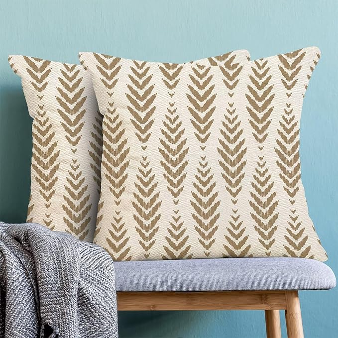 BETGINY Tan Khaki Boho Pillow Covers 18 x 18 Inch Pack of 2, Bohemian Ethnic Herringbone Pattern Decorative Throw Pillow Covers Linen Modern Geometry Farmhouse Outdoor Pillowcase for Sofa Couch Decor