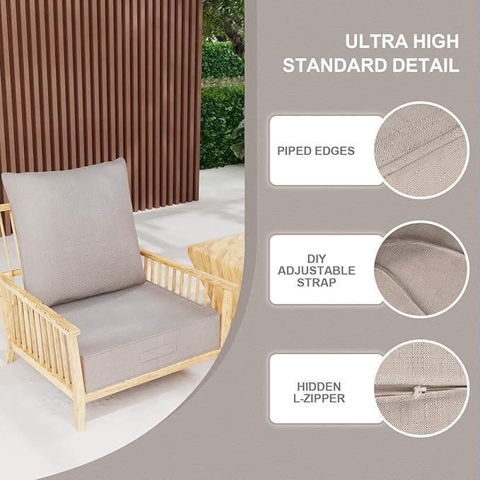 Outdoor Olefin Water-Resistant Deep Seat Cushion Set, 2PCS Weather and Fade Resistant 23''x 26''x 6'' Patio Furniture Seat Cushion, Thickened Sofa Chair Pad for Lawn, Garden, Light Beige