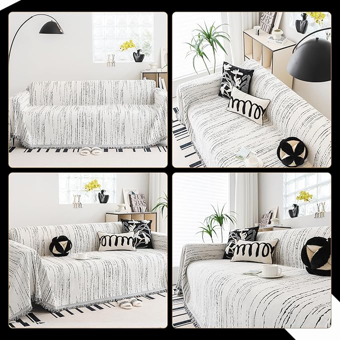 Chenille Couch Cover Pet Friendly, Sofa Cover Washable, Reversible Sofa Slipcover for Sectional Sofa, Loveseat, 2 or 3 Cushion Couch, Corner Sofa, Futon Cover (71" X 150", White)
