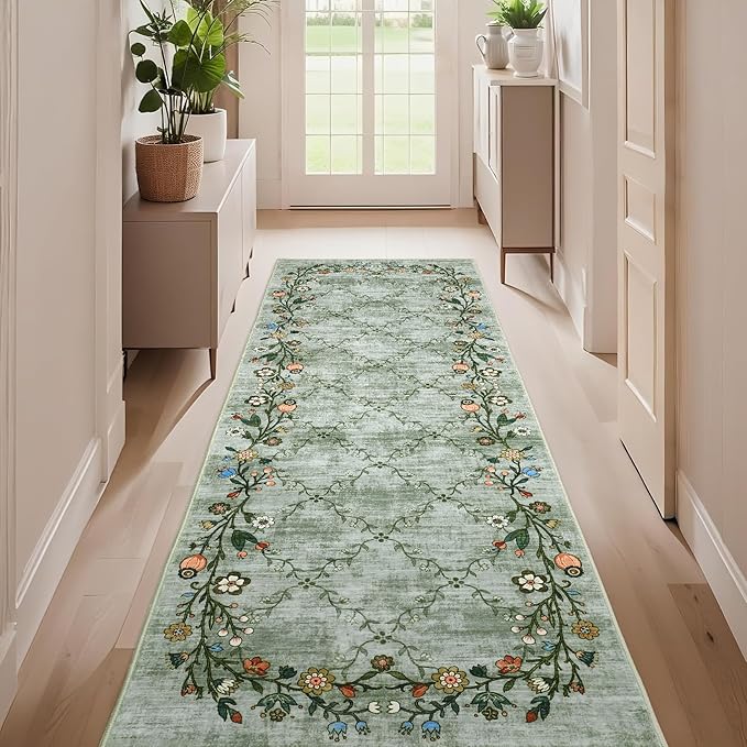GarveeHome 2x6 Washable Floral Runner Rugs for Hallway: Modern Floral Non Slip Large Runner Rugs for Kitchen, Large Machine Washable Hallways Low Pile Carpet with Non-Slip Backing Green 2 ft x6 ft.