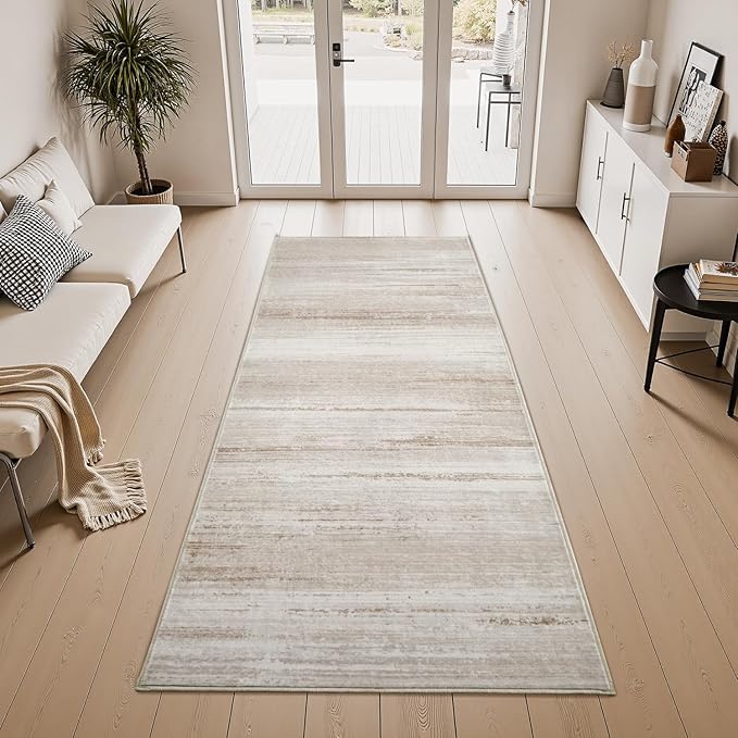 PADOOR Modern Abstract Runner Rug - 2.6x8 Washable Hallway Rugs, Ultra Soft Non-Slip Low Pile Floor Rugs for Hallway Entryway Kitchen Bedroom Bedside Laundry Room Brown