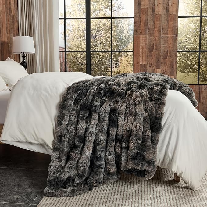 Lotus Karen Faux Fur Blanket Tie-Dye Dark Gray Twin Size - Big Bubble Rabbit Fluff Throw for Couch Small Fluffy Fuzzy Cozy Thick Furry Plush Shaggy Blankets 60x80 Inches