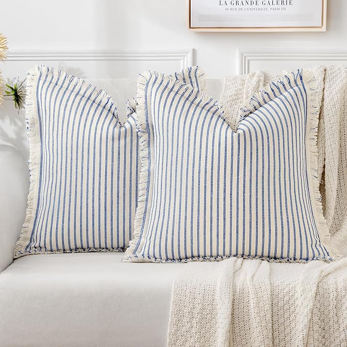 MIULEE Pack of 2 Royal Blue Pillow Covers 22x22 Inch Striped Farmhouse Couch Throw Pillow Covers with Fringe Chic Linen Decorative Cushion Covers for Sofa Living Room Bed Outdoor Home Decor