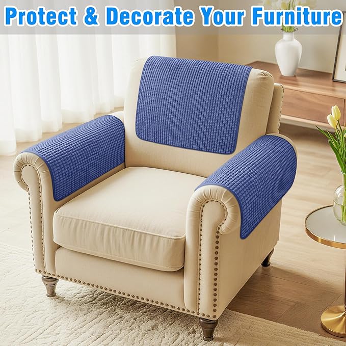 Couch Arm Covers, Sofa Arm Covers, Waterproof Armrest Cover for Sofa, Armchair, Loveseat, Headrest Cover, Non-Slip Recliner Arm Cover, Arm Chair Covers Set of 2 (Navy Blue, 19"×19")