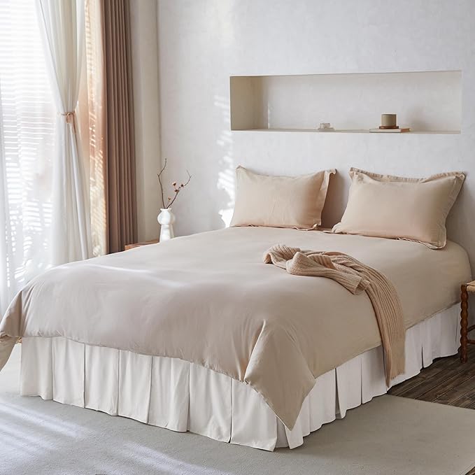 BISELINA French Linen Pleated Bed Skirt, 14" Tailored Draped Natural Linen-Cotton Blend Basic Dust Border Soft Comfort Farmhouse Bedding (14" Queen, White)