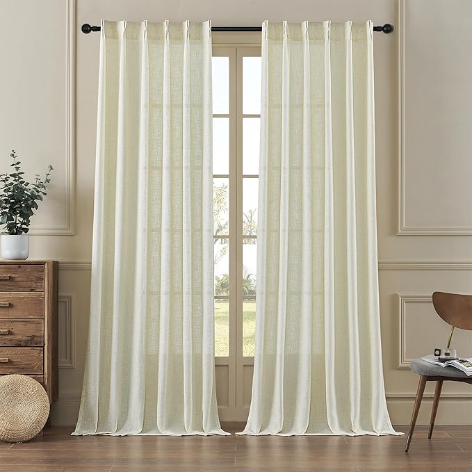 MASWOND Extra Long Sheer Linen Curtain 132 Inches 2 Panels, Pinch Pleated 2 Story Curtains for Living Room Back Tab Light Filtering Farmhouse Pleat Linen Drapes for High Ceiling, Linen W38xL132