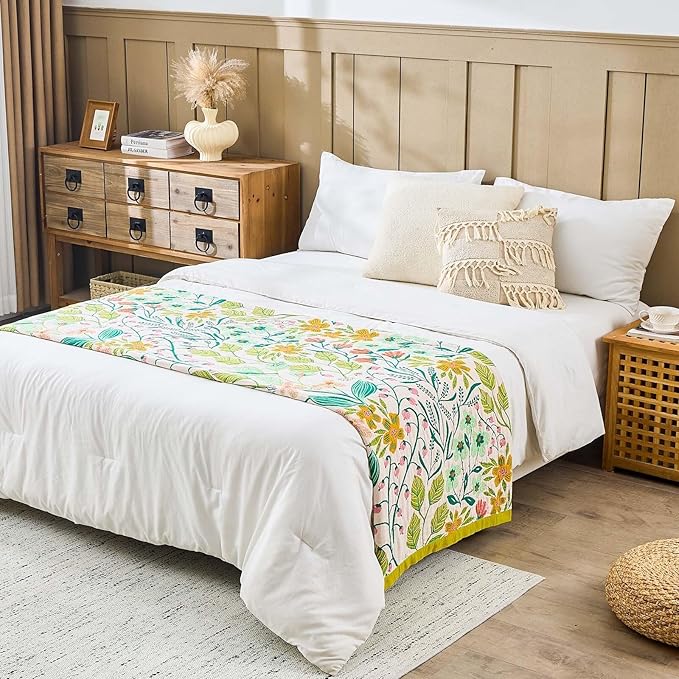 Beige Boho Throw Blanket, 100% Cotton Blankets for Couch Bed, 90"x98"Cotton Quilt Travel Muslin Blankets Farmhouse Home Decor Soft Lightweight Picnic Blanket for Summer