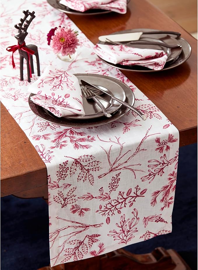 Solino Home 100% Pure Linen Christmas Table Runner 156 Inches Long - Red/White Table Runner 14 x 156 Inch - Handcrafted and Machine Washable - Winter Forest Print