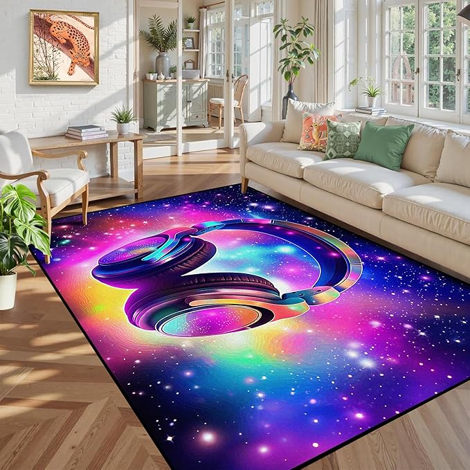 5' X 7' Galaxy Game Area Rug Music Headphone Rugs Colorful Throw Rug Non-Slip Carpet Doormats for Living Room Bedroom Apartment Dorm Floor Mat