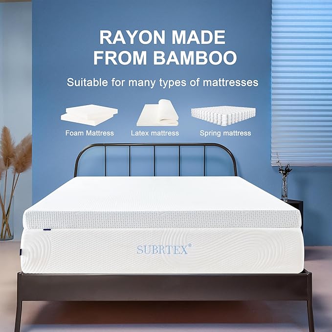 Subrtex Mattress Topper Cover (Only Cover) Mattress Protector Bedding Rayon Made from Bamboo Removable Mattress Encasement Mattress Cover with Zipper (2 Inch, White, King)