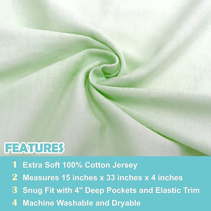 American Baby Company 15" x 33" Fitted Bassinet Sheet, 100% Natural Cotton Jersey Knit, Green, Soft Breathable, for Boys and Girls (Pack of 2)