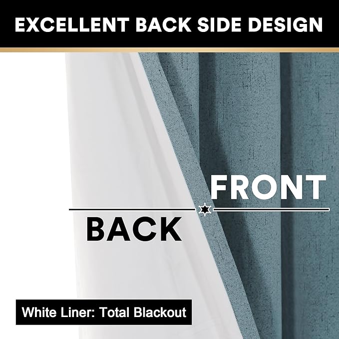 PrinceDeco 100% Blackout Curtains for Bedroom Linen Blackout Curtains 54 Inches Long Room Darkening Burlap Grommet Textured Curtains&Drapes Luxury Decor for Living Room 52x54 Inch, Stone Blue,2 Panels