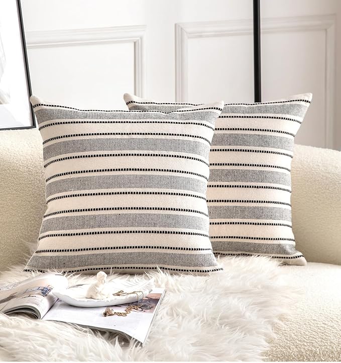 Decorative Boho Throw Pillow Covers, Farmhouse Textured Pillow Case, 20 x 20 Inch Set of 2, Chair Sofa Bedroom Living Room Home Decor Couch Cushion Case, Black and Beige Striped