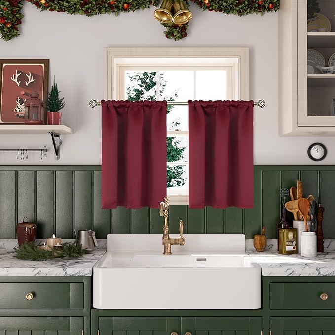 BGment Burgundy Kitchen Window Curtains Over Sink - Small Half Cafe Drapes with Rod Pocket Thermal Insulated Privacy for Bathroom Christmas Decor, 29 x 36 Inch, 2 Panels