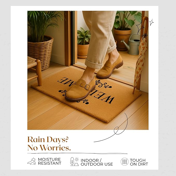 Coir Door Mats 17" X 30", Non-Slip Sturdy, PVC Backed Heavy Duty, Easy to Clean, Ideal for Door Entrance, Patio, Porch, Backyard, Garages, Welcome Floral Border