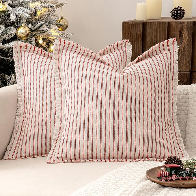 MIULEE Pack of 2 Christmas Red Pillow Covers 20x20 Inch Striped Farmhouse Couch Throw Pillow Covers with Fringe Chic Linen Decorative Cushion Covers for Sofa Living Room Bed Outdoor Home Decor