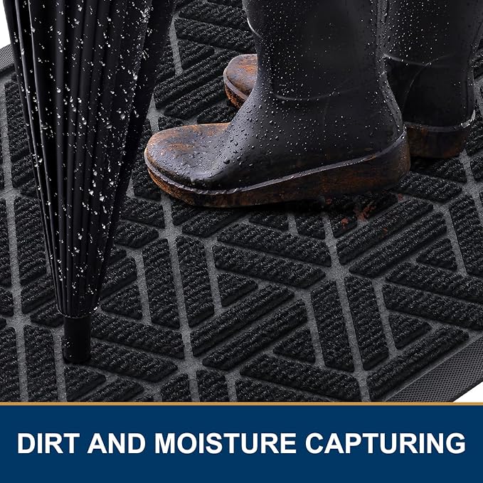 Smiry Front Door Mat Outside Entrance, Heavy Duty Sturdy Natural Rubber Doormat, Trap Dirt and Moisture, Easy Clean Low Profile Mats for Indoor Outdoor Entry, Grid Geometric (47x24, Black)
